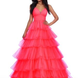 Ashley Lauren Coral Dress Prom Homecoming Pageant V-Neck Tulle A-line Size 2